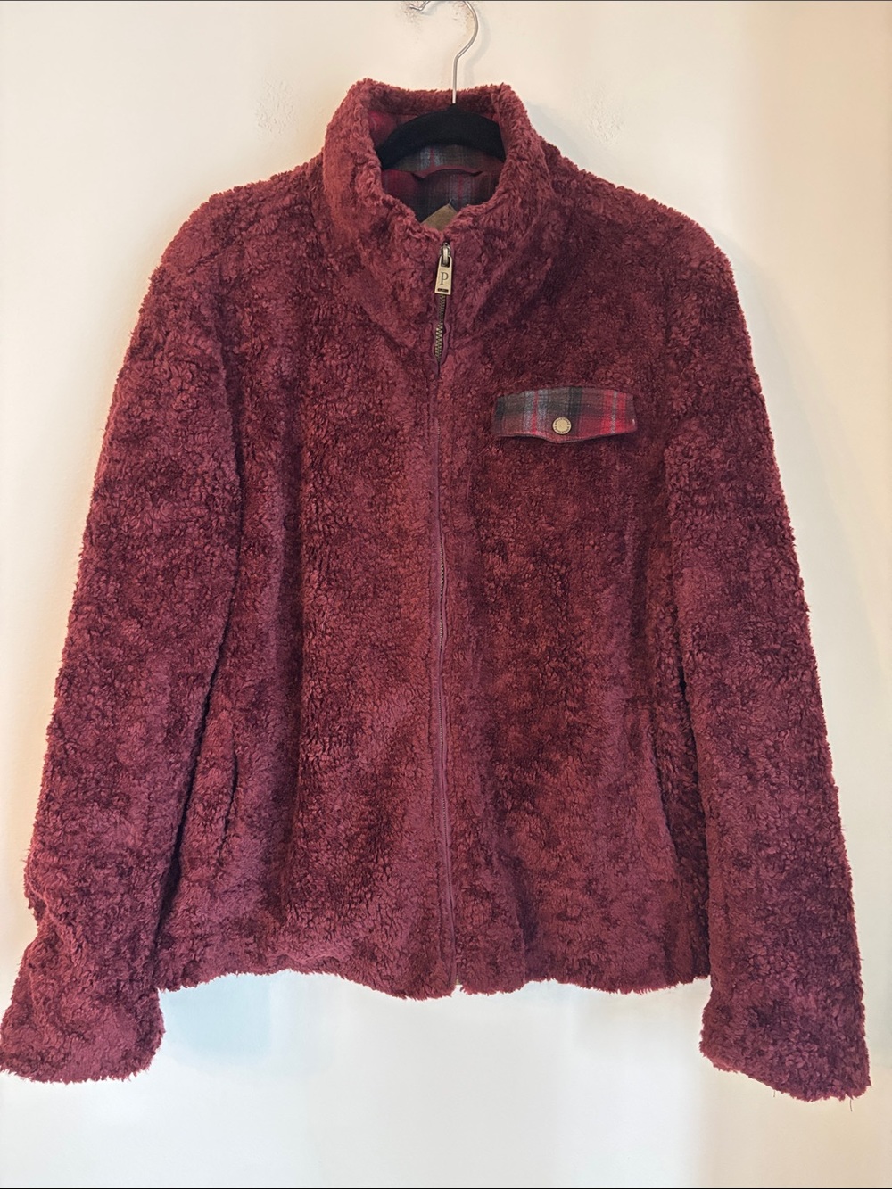 Pendleton Wool plaid Sherpa fleece Zip-Up Jacket Burgundy Women’s large Fall EUC